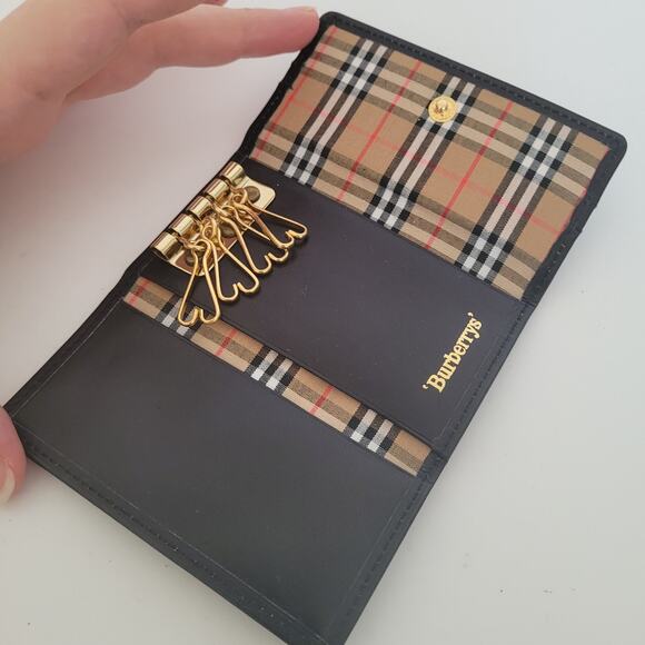 Burberry Key Hooks Holder Case Wallet Logo Black Leather Nova Chec Vintage Retro - Picture 3 of 9